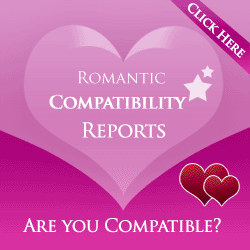 Image: Pink heart imagery. Text: Click here. Romantic Compatibility report. Are you compatible?