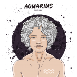Illustration of a young man with curly white hair and an Aquarius glyph symbol tattooed on his chest, with the word, Aquarius