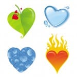 The astrological elements are illustrated via heart-shaped elements: a leaf for Earth, a water heart droplet for the Water element, a cloudy or aerosol in the shape of a heart for the Air element, and a fiery, flaming heart for the Fire element.
