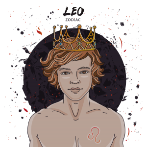 Illustration of a young man wearing a crown, with a Leo glyph tattoo on his chest
