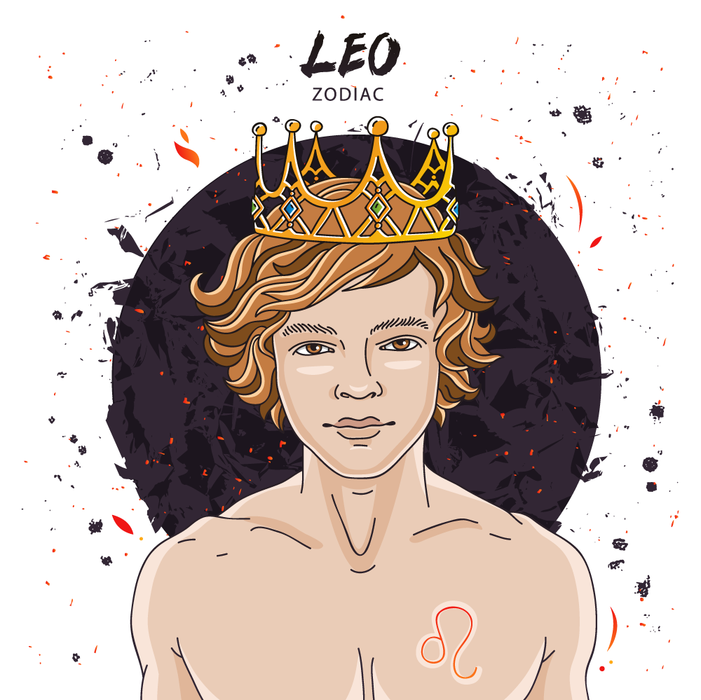 An illustrated man with wavy brown hair and a crown on his head. A Leo glyph is tattooed to his chest
