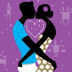 Illustration of two people kissing, with arms around one another, set to a backdrop of purple zodiac symbols, and a heart drawn in between their chests
