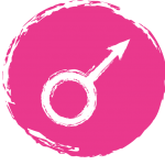 A white Mars symbol or glyph inside a pink circle
