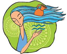Aquarius symbol and woman with blue flowing hair bearing a water jug