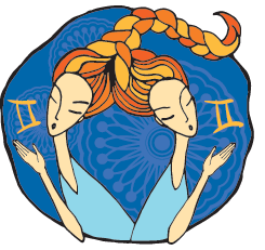 Gemini symbol and two women with intertwined hair