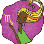 Scorpio symbol and woman with long hair curled upwards