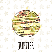 Text: Jupiter. Image: Stylized orange and yellow planet