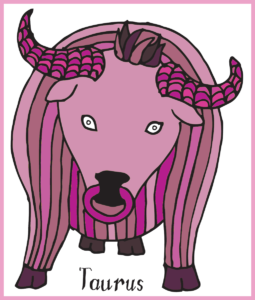 Illustration of a bull in many shades of pink, with a ring in his nose