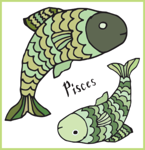 Two fish swimming in a circle, face to tail, with shades of green gills and the word Pisces