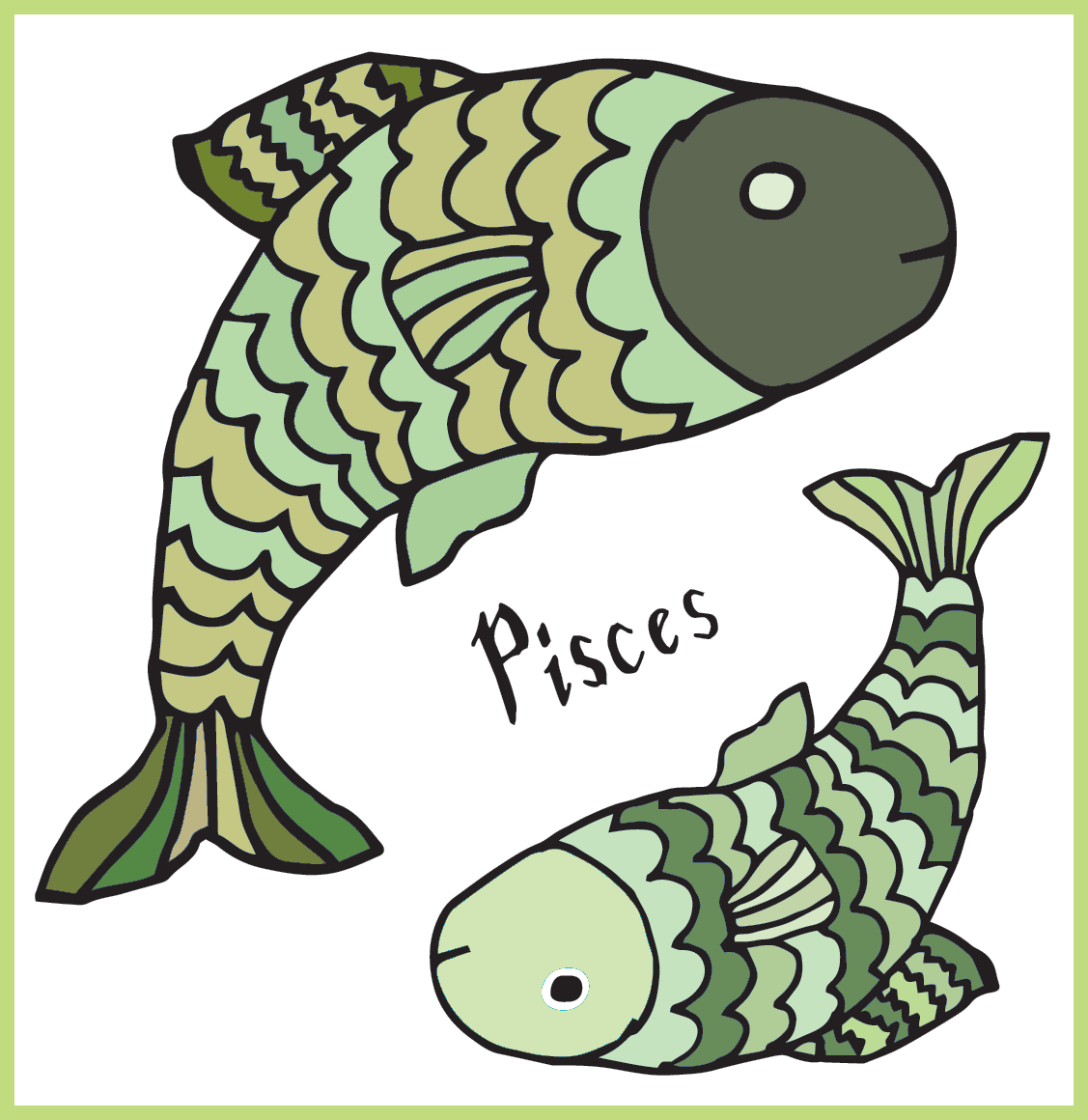 Bir daire içinde yüzen, yüzleri kuyruğa dönük, yeşil solungaçlara sahip ve üzerinde Balık kelimesi bulunan iki balık