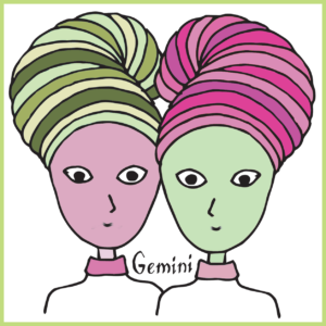 Two women who are identical but in different colors (pink and green)