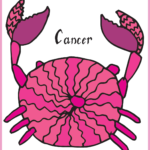 A colorful crab in many different shades of pink with large pincers