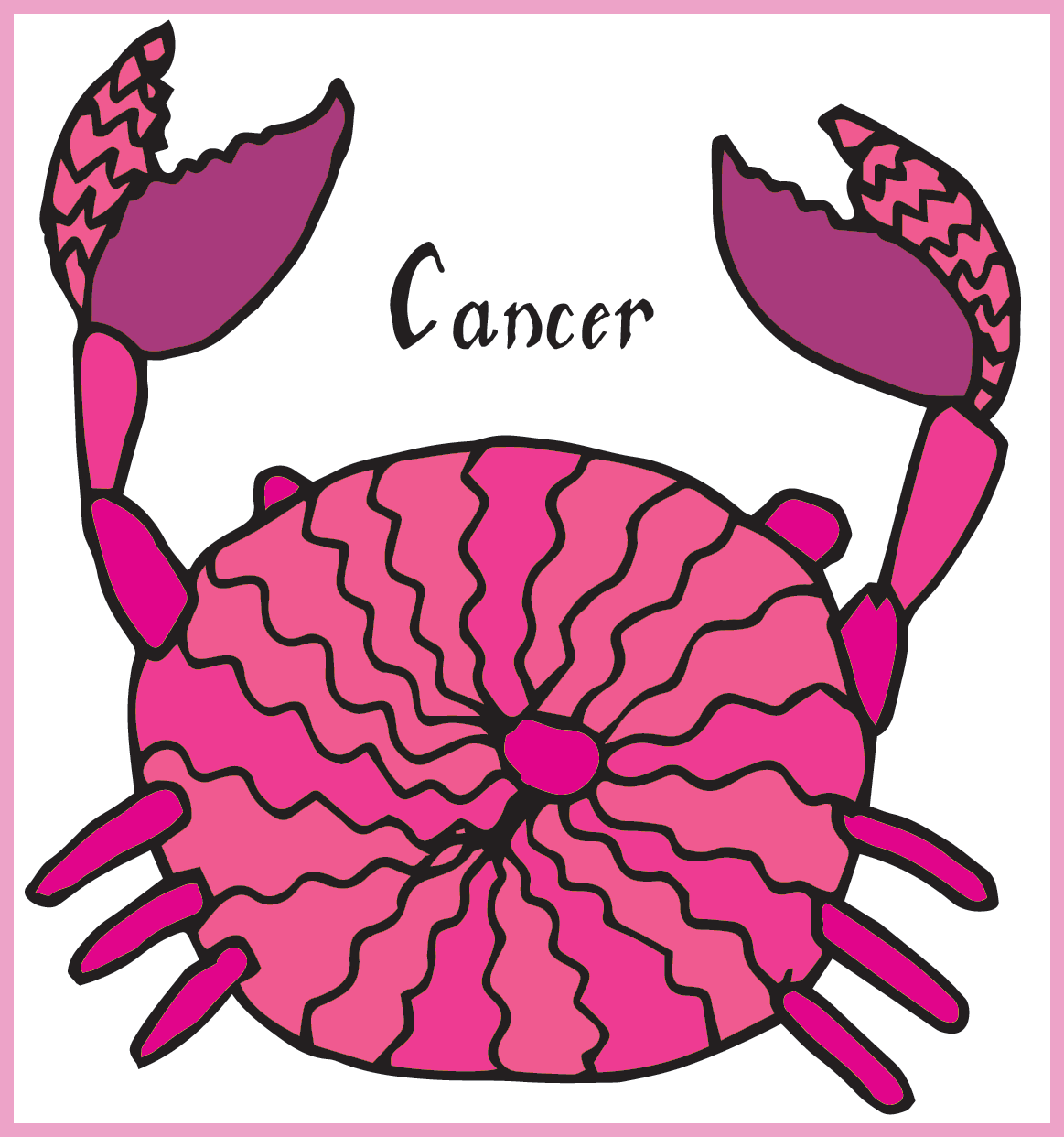 A colorful crab in many different shades of pink with large pincers