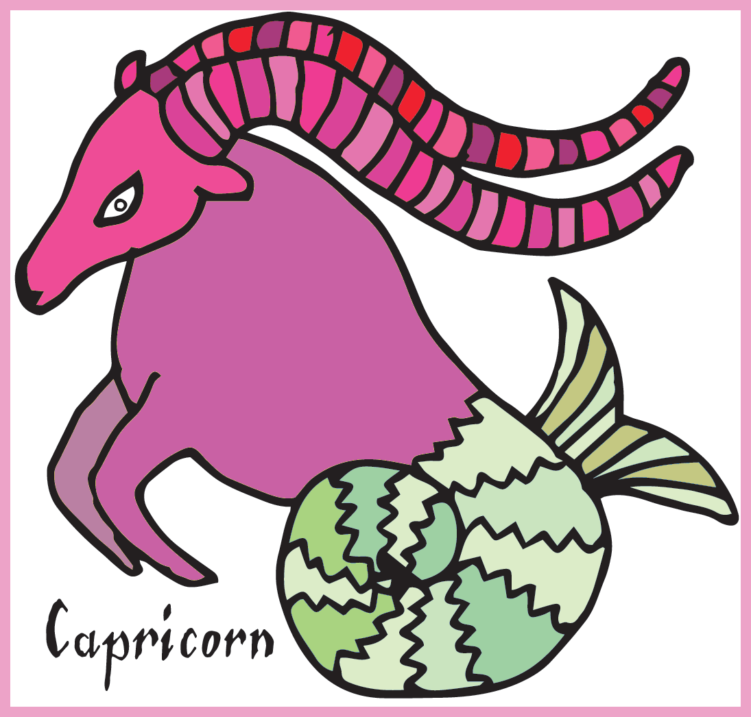 A sea goat illustration, with the top of the body in shades of pink and in the form of a goat, and the bottom of its body in shades of green and with gills