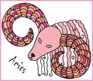 An illustration of a ram with large horns and in shades of pink