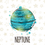 Illustration of the planet Neptune in the solar system, in blues and golds