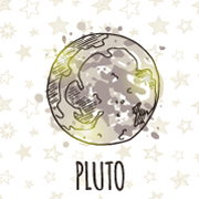 Text: Pluto. Image: Stylized grey and yellow planet