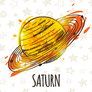 Text: Saturn. Image: Stylized yellow planet with orange rings