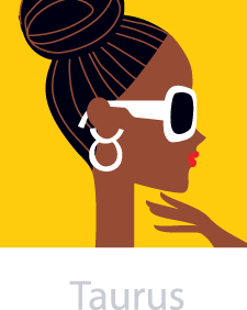 a Taurus woman depicted with sunglasses and earrings in the shape of a Taurus symbol or glyph