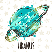 Text: Uranus. Image: Stylized blue and green planet with ring