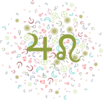Jupiter symbol next to the Leo symbol on a background of random astrological symbols