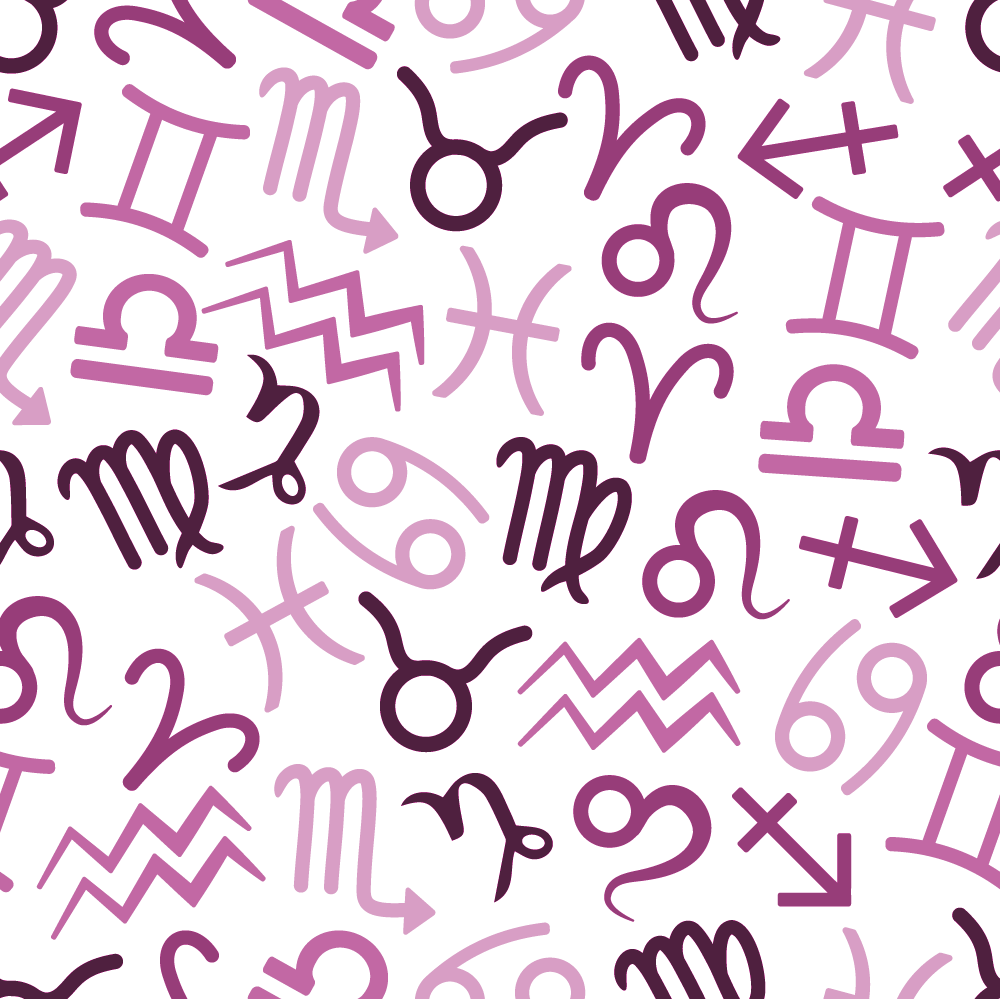 A "soup" of astrology symbols in different shades of purple and pink.