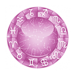 A pink wheel with white zodiac sign symbols around the perimeter