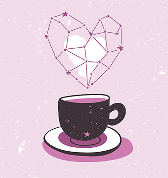 A coffee cup illustrated in shades of pink with a heart-shaped constellation of "steam" above the coffee