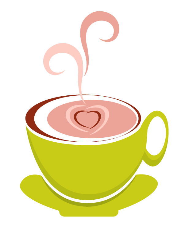 Illustration of a coffee cup in the site colors (pink and green) and a drawn-in heart on the top of the coffee.