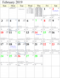 Monthly Astrology Calendar for February 2019