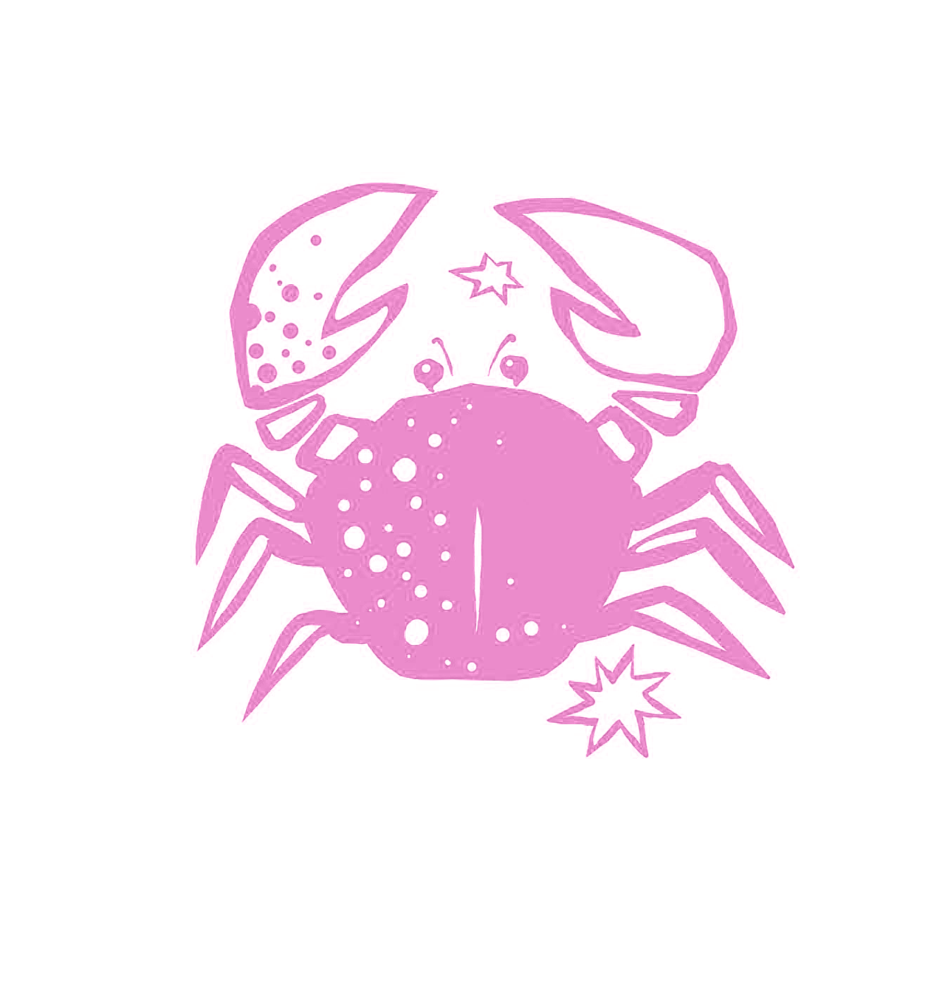 A pink illustration of a crab with small stars surrounding it