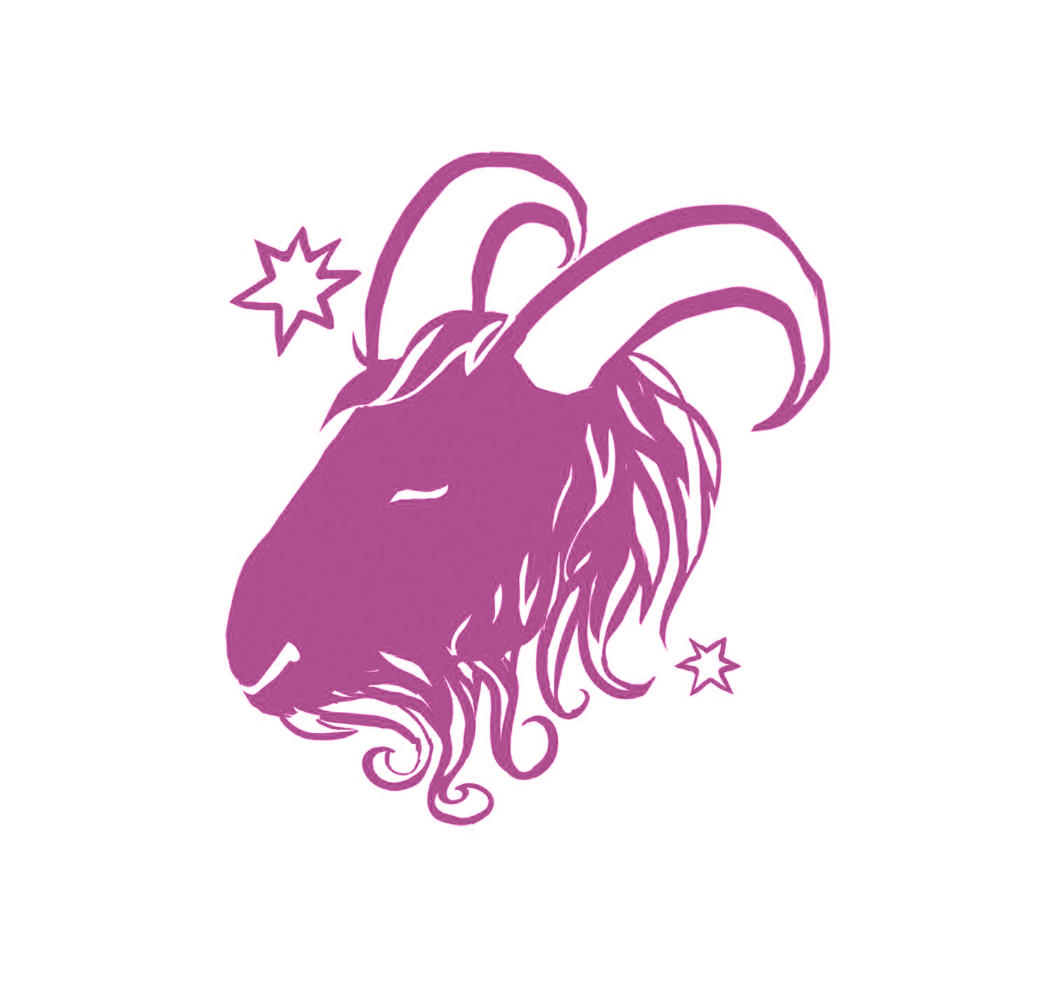 A goat head's profile. This illustration is in pink/purple, and is decorated with stars