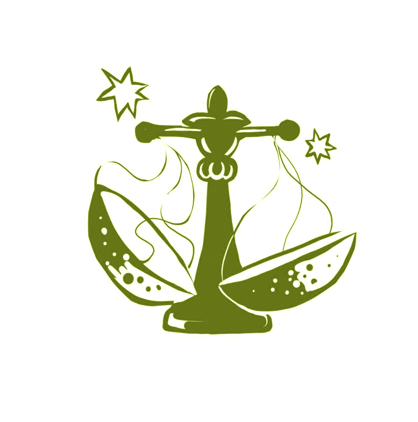 Illustration of scales that look balanced, decorated with stars, in green, representing Libra's symbol, the scales