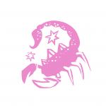 An illustration of a scorpion in pink, with stars decorating it