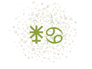 Juno symbol next to the Cancer symbol on a backdrop of random astrology symbols