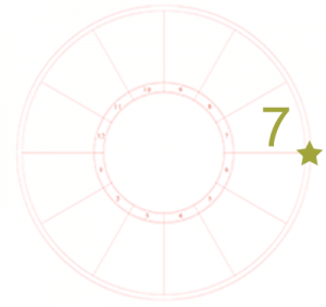 Visual chart reminder of where the seventh house cusp is on a chart: at the right, middle of the chart. A blank astrology chart wheel features a large numeral seven over the seventh house and a star to emphasize the start of the house
