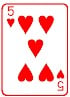 Five red hearts on a white rectangular background to represent the Five of Hearts playing card