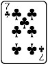 Seven black club shapes on a white rectangular background to represent the 7 of clubs playing card