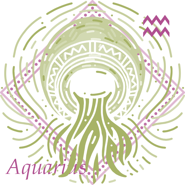Green illustration of a vessel of water sits inside a pink diamond-shaped frame with the Aquarius symbol and the word "Aquarius"