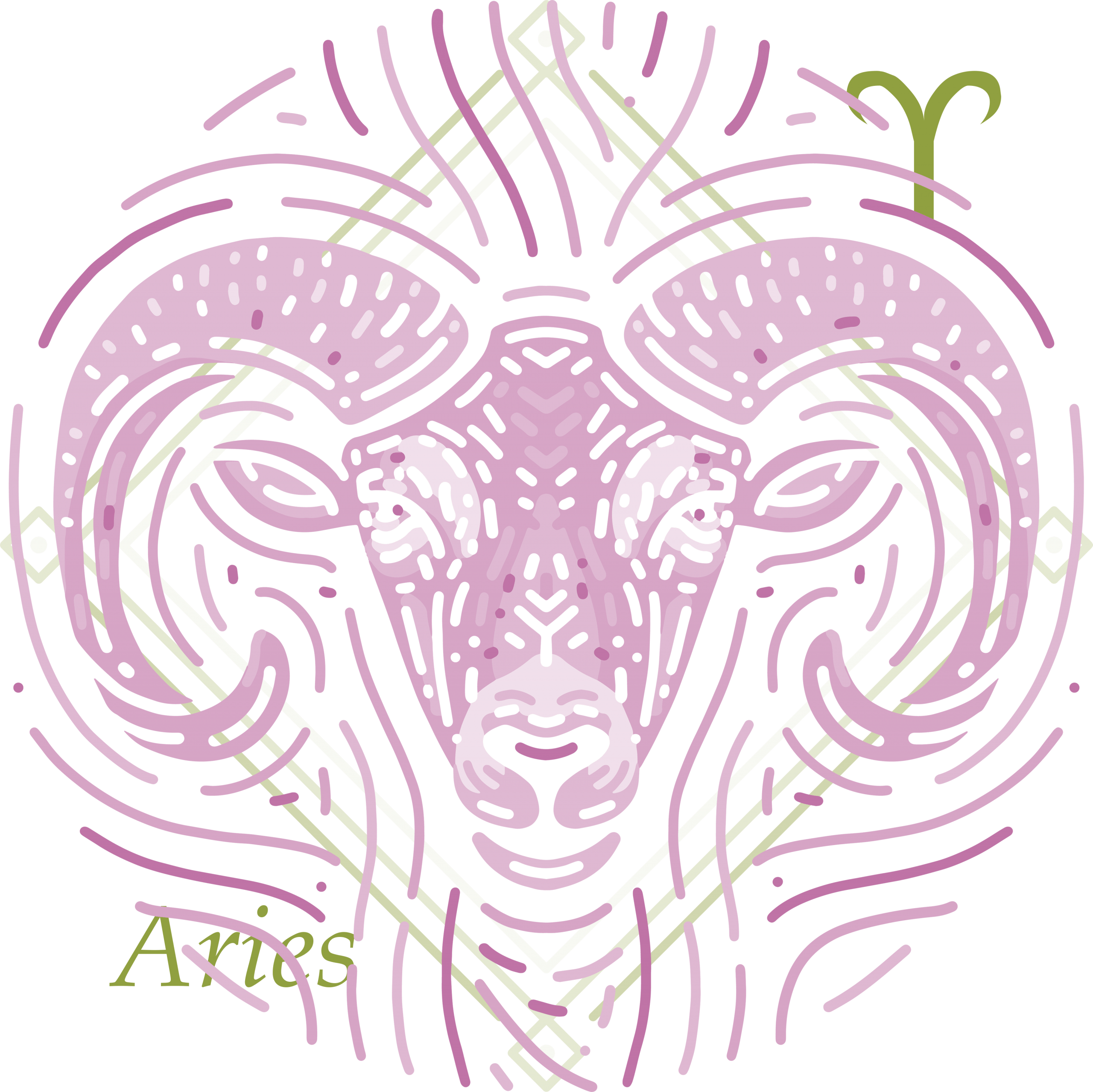 A pink drawing of a ram's head with a green frame and green Aries glyph