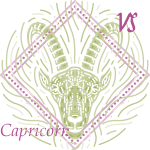 Green illustration of a goat sits inside a pink diamond-shaped frame with the Capricorn symbol and the word "Capricorn"