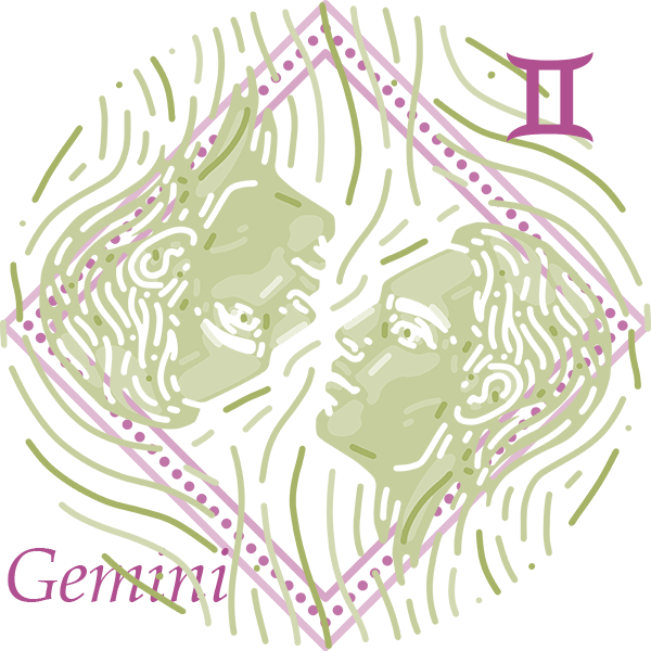 An illustration of two people looking at one another in a pink frame with the Gemini symbol
