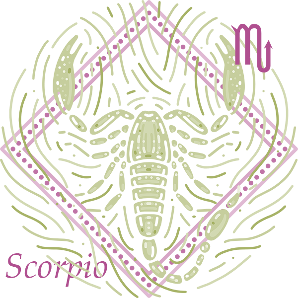 Green scorpion sits inside a pink diamond-shaped frame with the Scorpio symbol and the word "Scorpio"