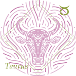 A pink bull's head in a green frame, with a Taurus glyph