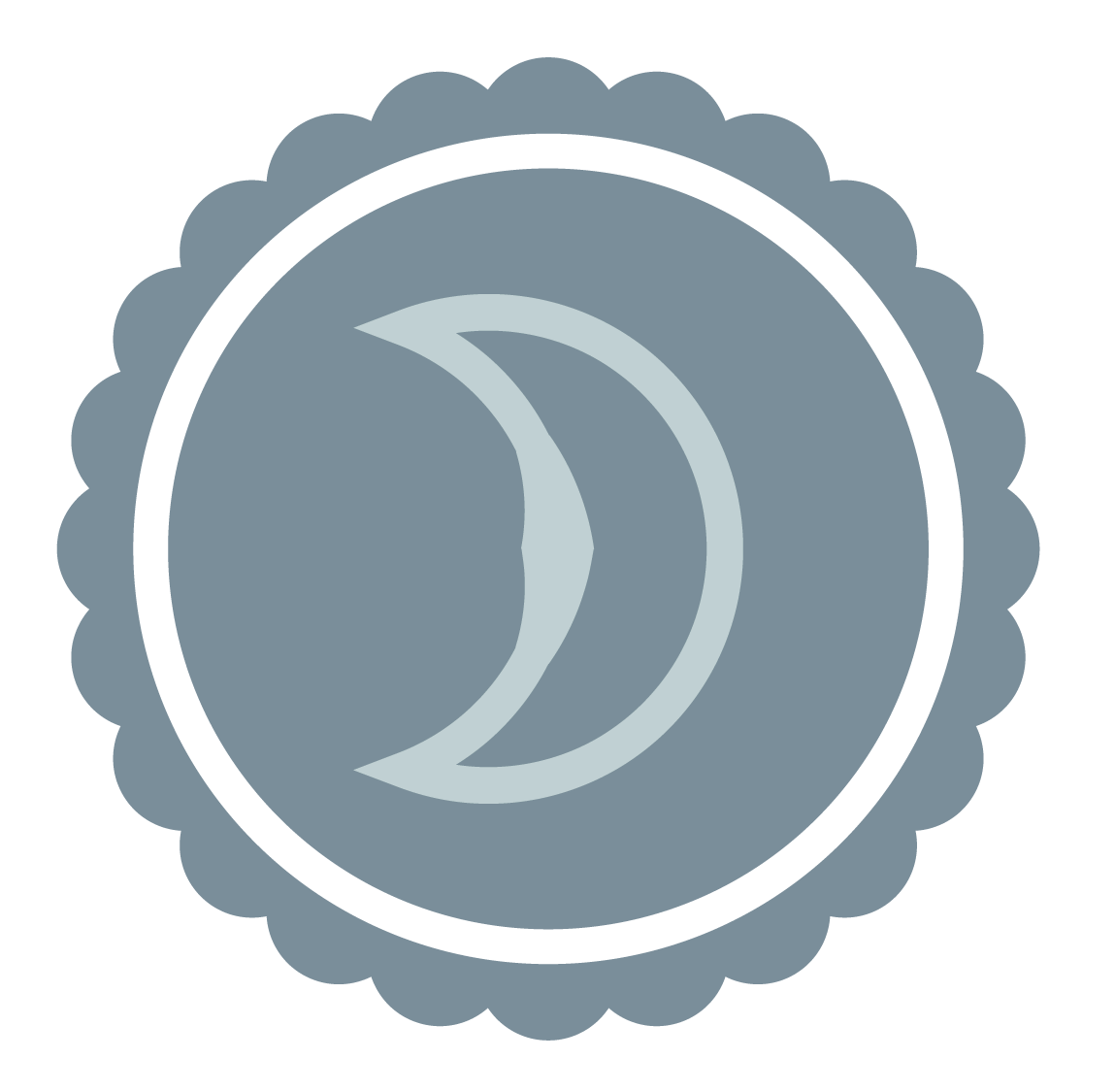 A Crescent Moon in light blue font on a darker blue background badge
