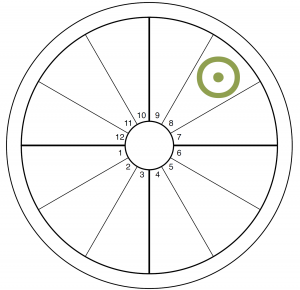 An oversized Sun symbol (circle with a dot in the center) overlays the eighth house of an otherwise blank chart wheel