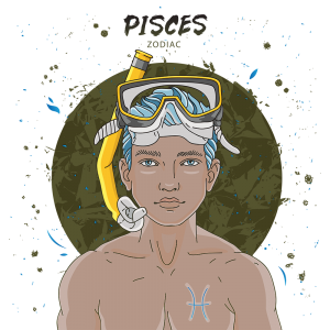 A man with scuba gear to represent a Pisces (water) man with a Pisces glyph tattooed on his chest