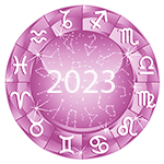 pink chart wheel with all 12 zodiac signs and the year 2023 text
