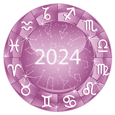 Pink chart wheel shows the symbols for each of the twelve signs along the edge and the year 2024 in the center