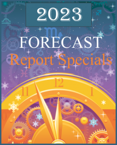 "2023 Forecast Report Specials" on a chiming midnight New Year clock